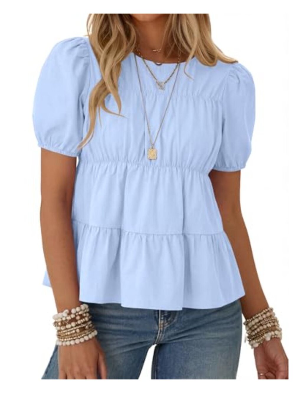 Womens Puff Short Sleeve Babydoll Peplum Pleated Cotton T Shirt Loose Fit